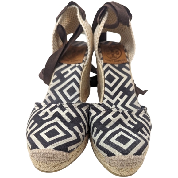 Tory Burch Wedge Espadrilles Womens 37 6.5 Black Natural Tie Ankle Heels - Picture 2 of 13